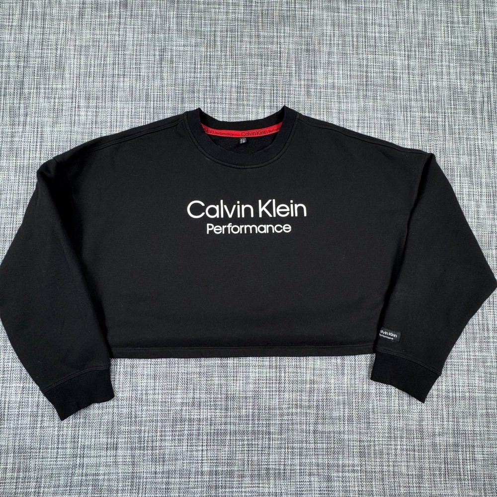 Calvin Klein Performance Cropped Sweatshirt XS Black Logo Pullover Crewneck